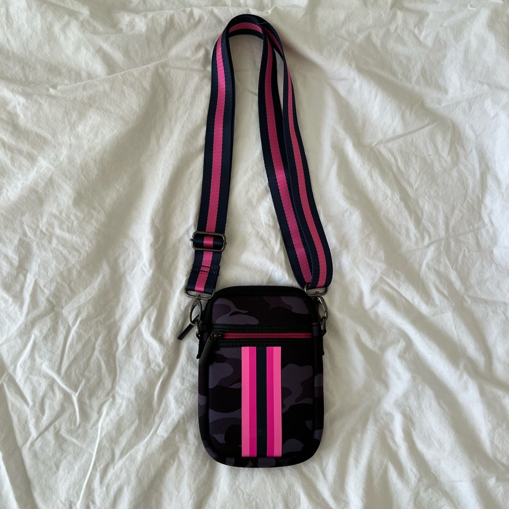 Haute Shore Camo Crossbody Bag with Pink Stripes